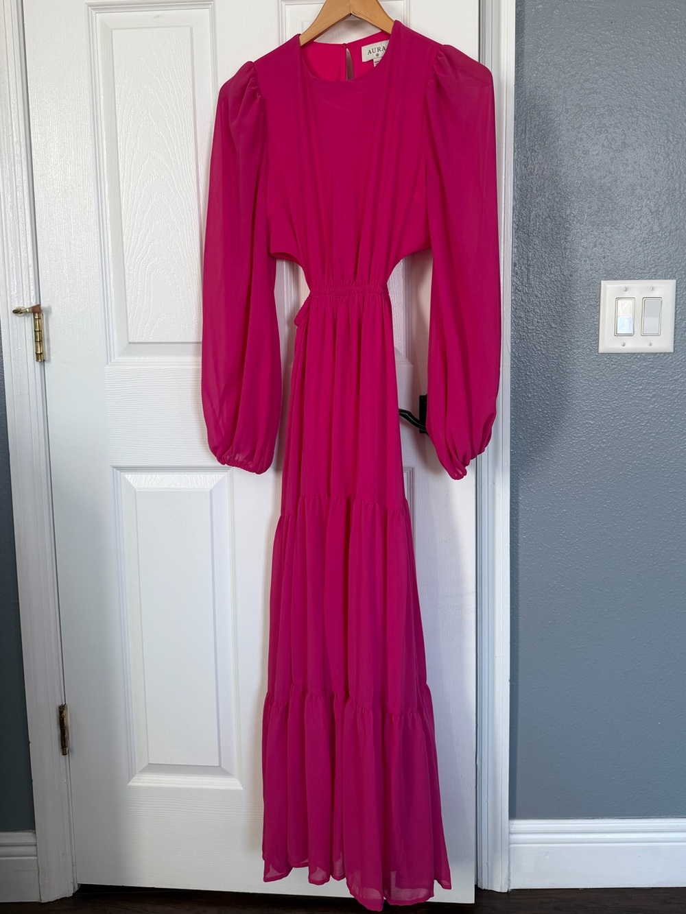 Aura Hot Pink Long-Sleeve Tiered Maxi Dress